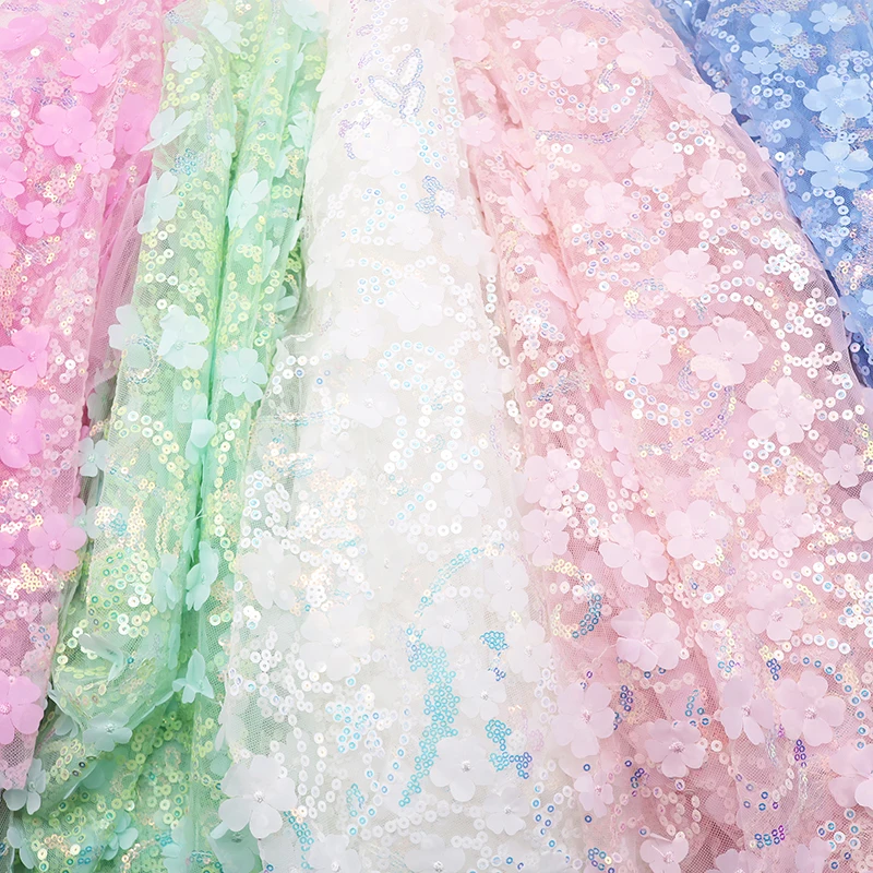 3D Floral Lace Tulle Fabric with Sequins Mesh for DIY Costume Stage Photography Decoration Craft