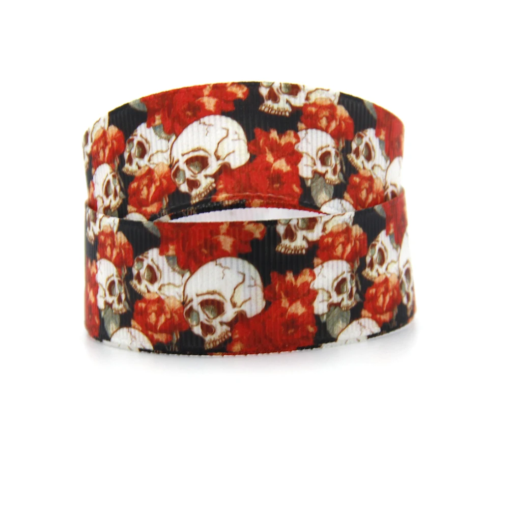 5 Yards 25mm Halloween Skull Pumpkin Printed Grosgrain Ribbon For Bow DIY Craft Party Decoration Gift Packing Supplies,5Yc38589