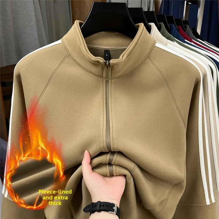 

Men's Fce Lined Zip up Hoodie Thiened Casual Sle Autumn Winter Warm Pure Color Jaet Stand Fit Princ Sve