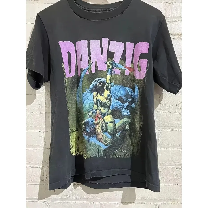 Men's casual short sleeved cotton black with pink green print Danzig Misfits How The Gods Kill Grunge 1992 pattern T-shirt