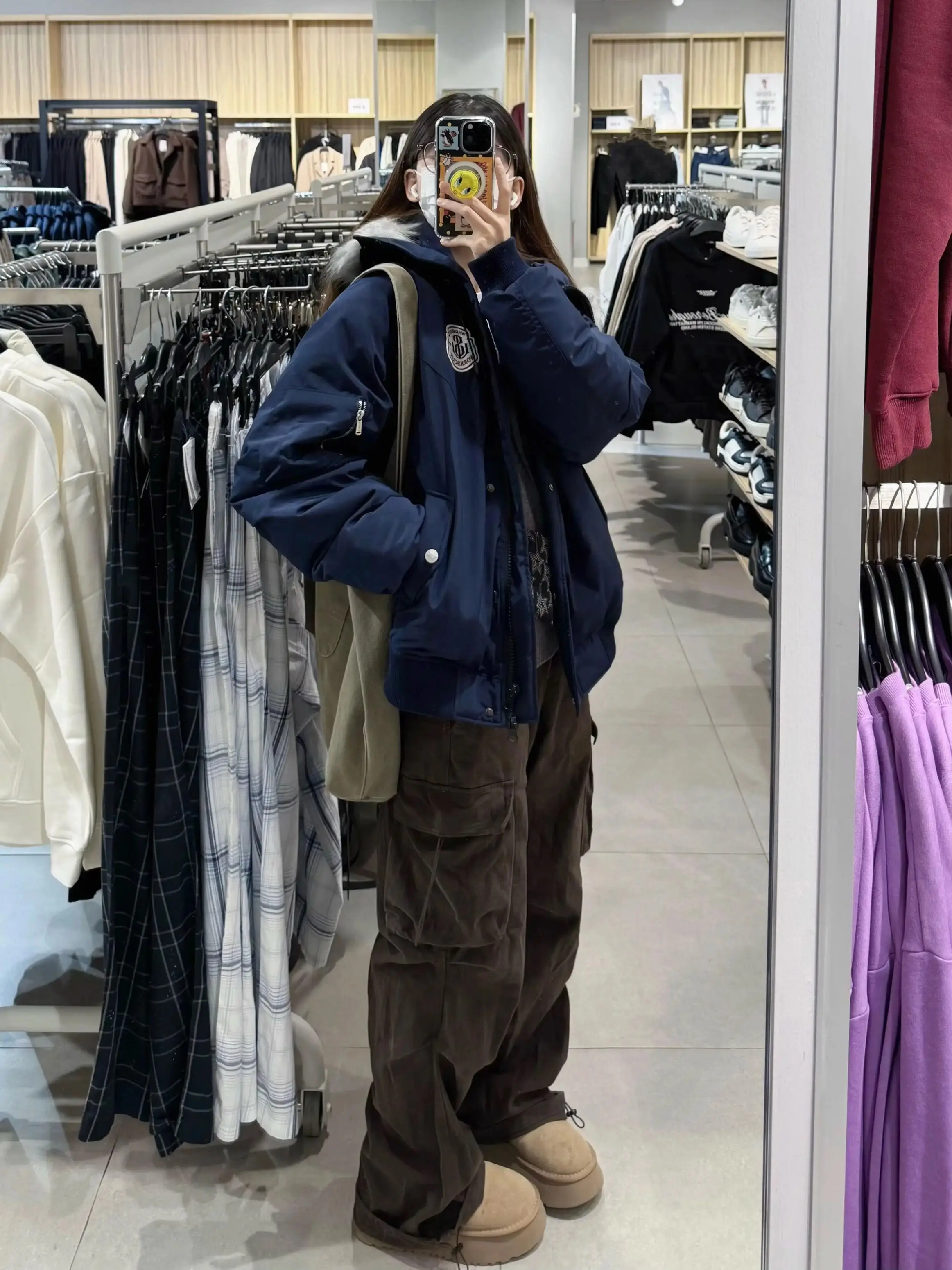 

Parkas Fur Womens Winter Anti-Wrinkle Seam Non-Hooded Personality Plaid Elastic Fleece-Lined Detachable Trendy Fur-Collar Grid