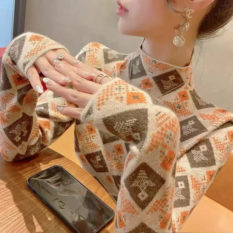 

Женская одежда, модные тонкие универсальные свитера с полувысоким воротником, осень-зима, новые элегантные шикарные вязаные пуловеры с аргайлом, женские топы