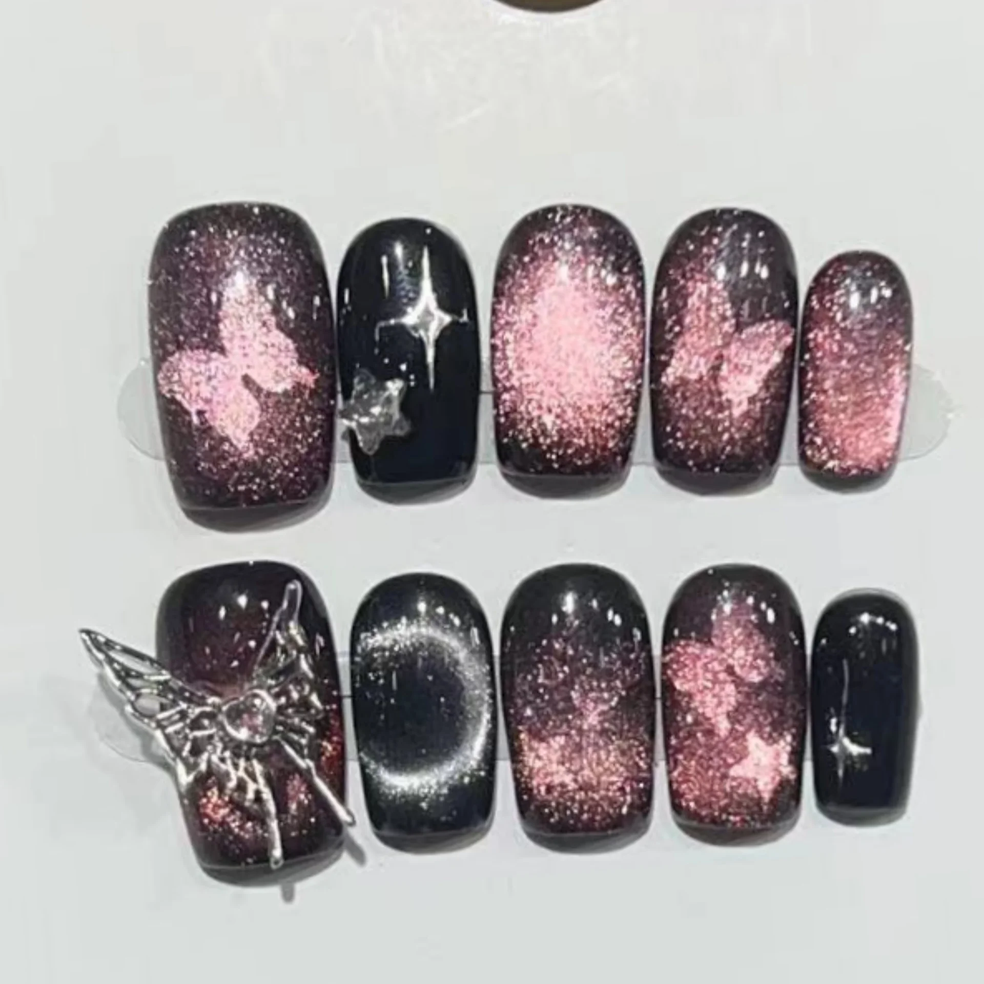 

10pcs Flower Cat's Eye Press on Nails Art Red Short Ballet Handmade False Nails Tips Glitter Fake Nail Sets Detachable Manicure