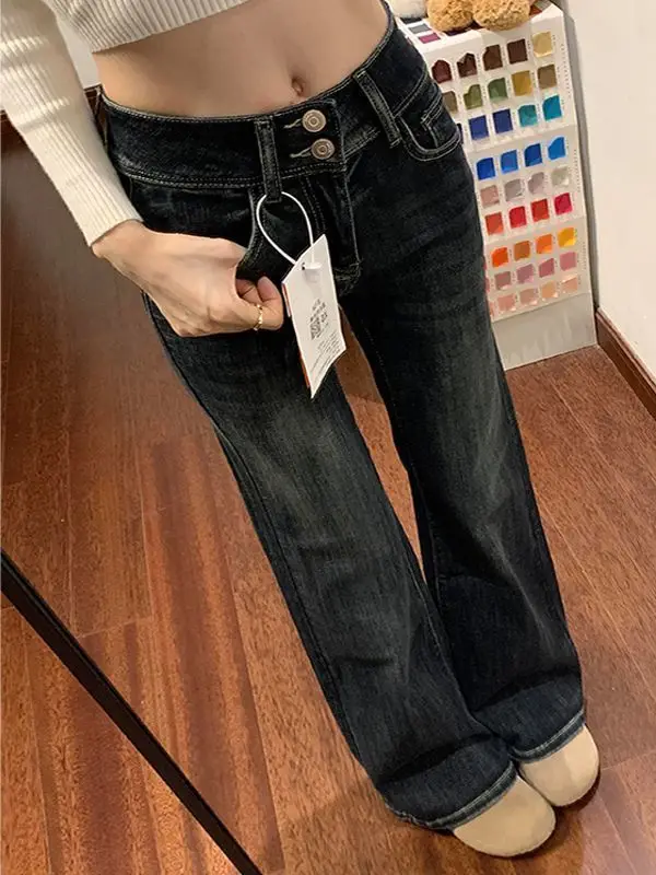 

Retro American Light Flared Denim Jeans High Waist Bell Bot Elastic Spicy Girl Blue ey Spring Autumn New Sle Floor Le...