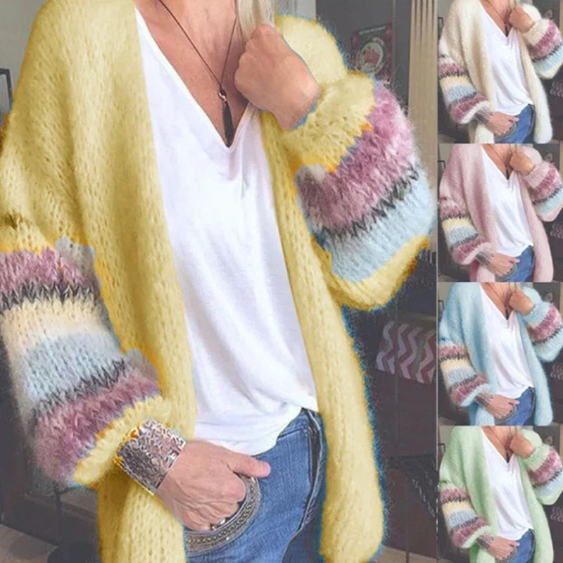 2022 Women Autumn And Winter New Fashion Striped Mohair Casual Long Sleeve Sweater Knitted Cardigan Jacket New Women Cardigan