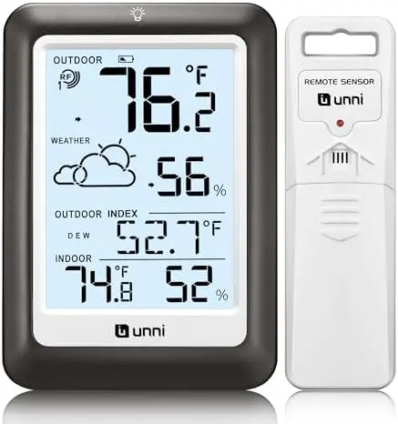 

Wireless Indoor Outdoor Thermometer with 330ft Range, Temp Humidity Monitor, Backlight Display (Metal Black)