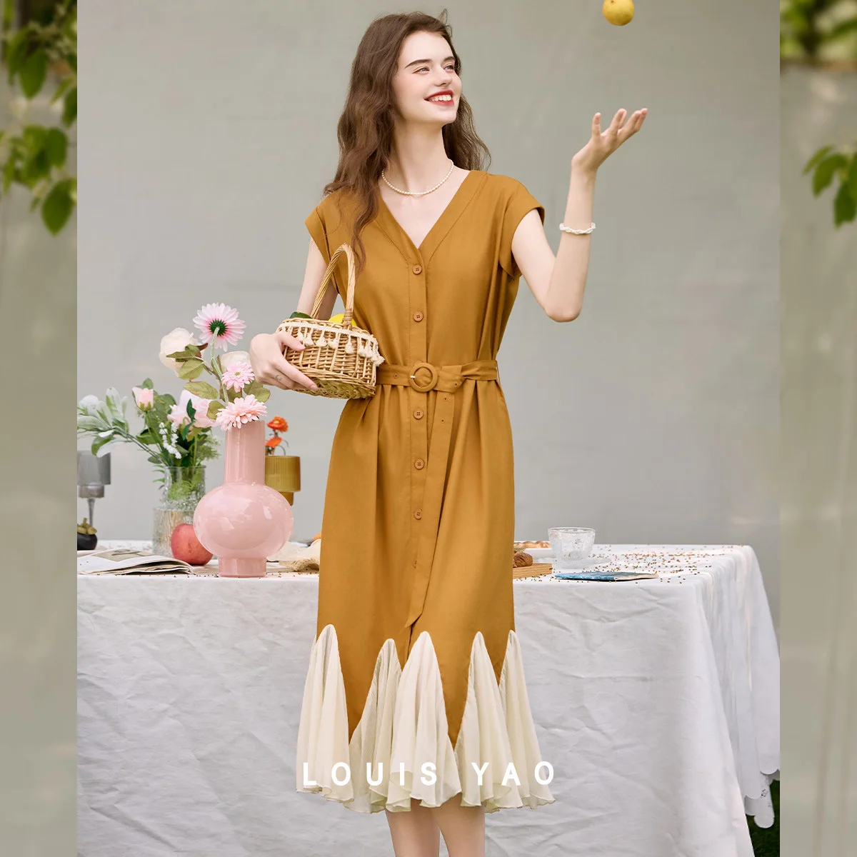 

V-neck Contrasting Colours Dresses Shoulder Sleeve Long Flounced Edge Tie Waist Belt Women's Dresses Summer New 2025