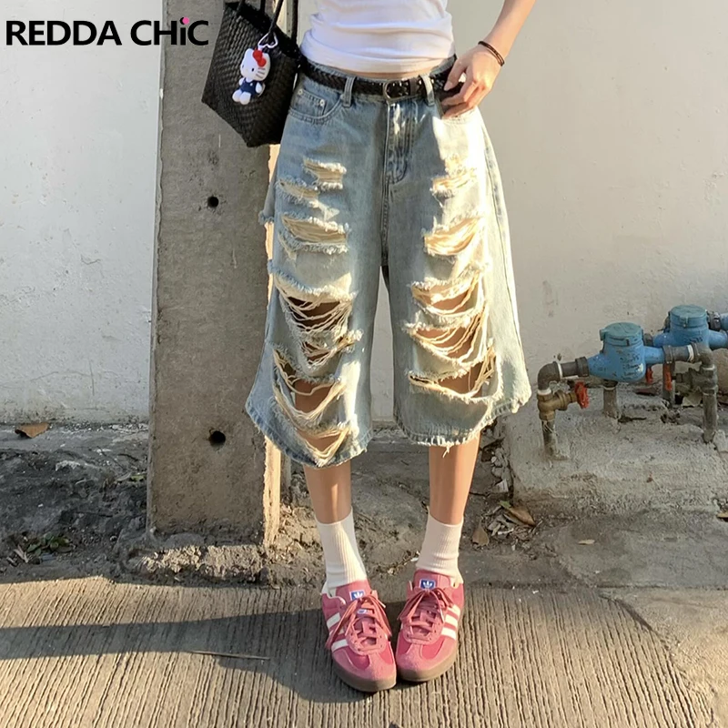 

ReddaChic Destroyed Denim Bermuda Pants Women Shorts Street Style Low Rise Casual Wide Leg Jeans Jorts Y2k Retro Summer Clothes
