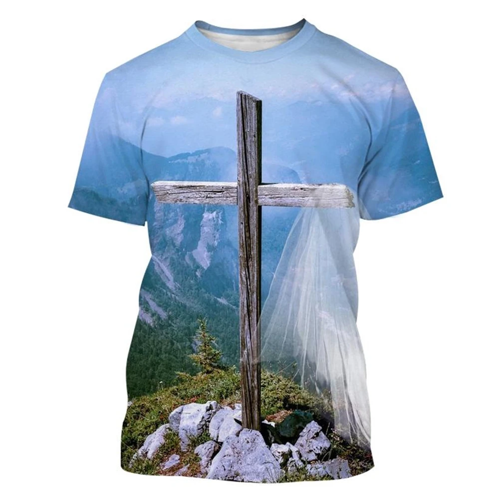 New Men\'s Summer Fashion Breathable Sports 3D T-shirts Christian Cross Black and White Jesus Printed 3D T-shirt Leisure Men Tops