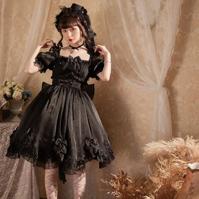 اليابانية الفيكتوري القوطية لوليتا فستان المرأة أسود أبيض أنيق عارية الذراعين فساتين الجنية Kawaii الحلو تأثيري فساتين صغيرة 2025