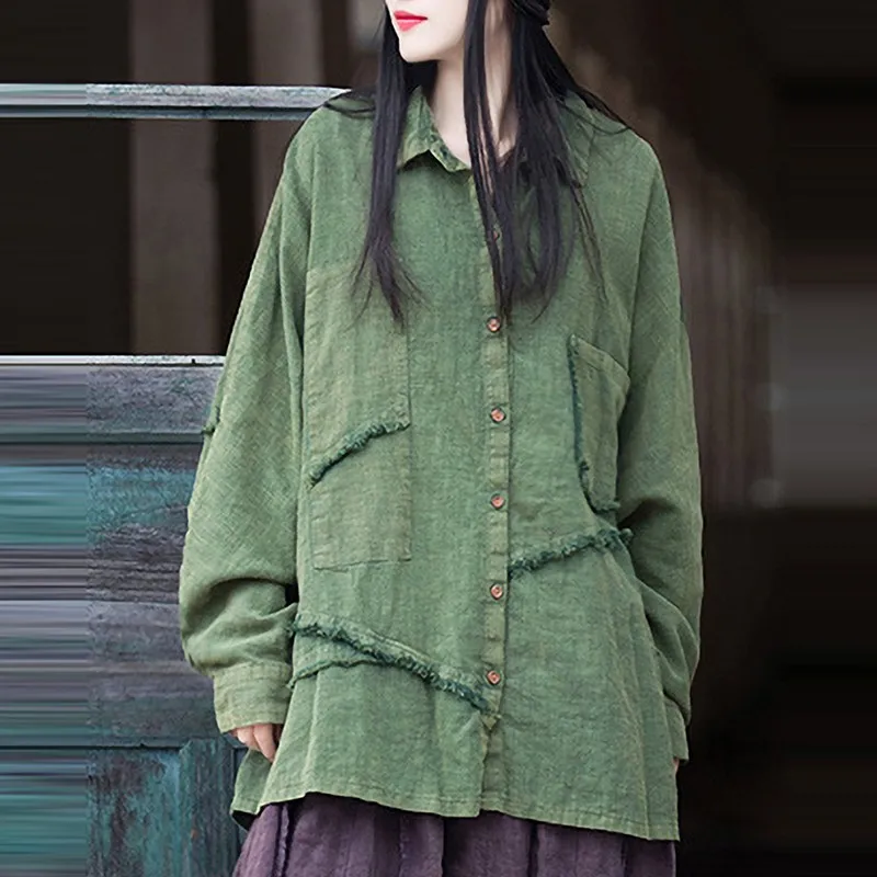 

High Quality Cotton Linen Casual Shirt Women New 2024 Autumn Vintage Style Solid Color Loose Female Long Sleeve Tops Shirts M088
