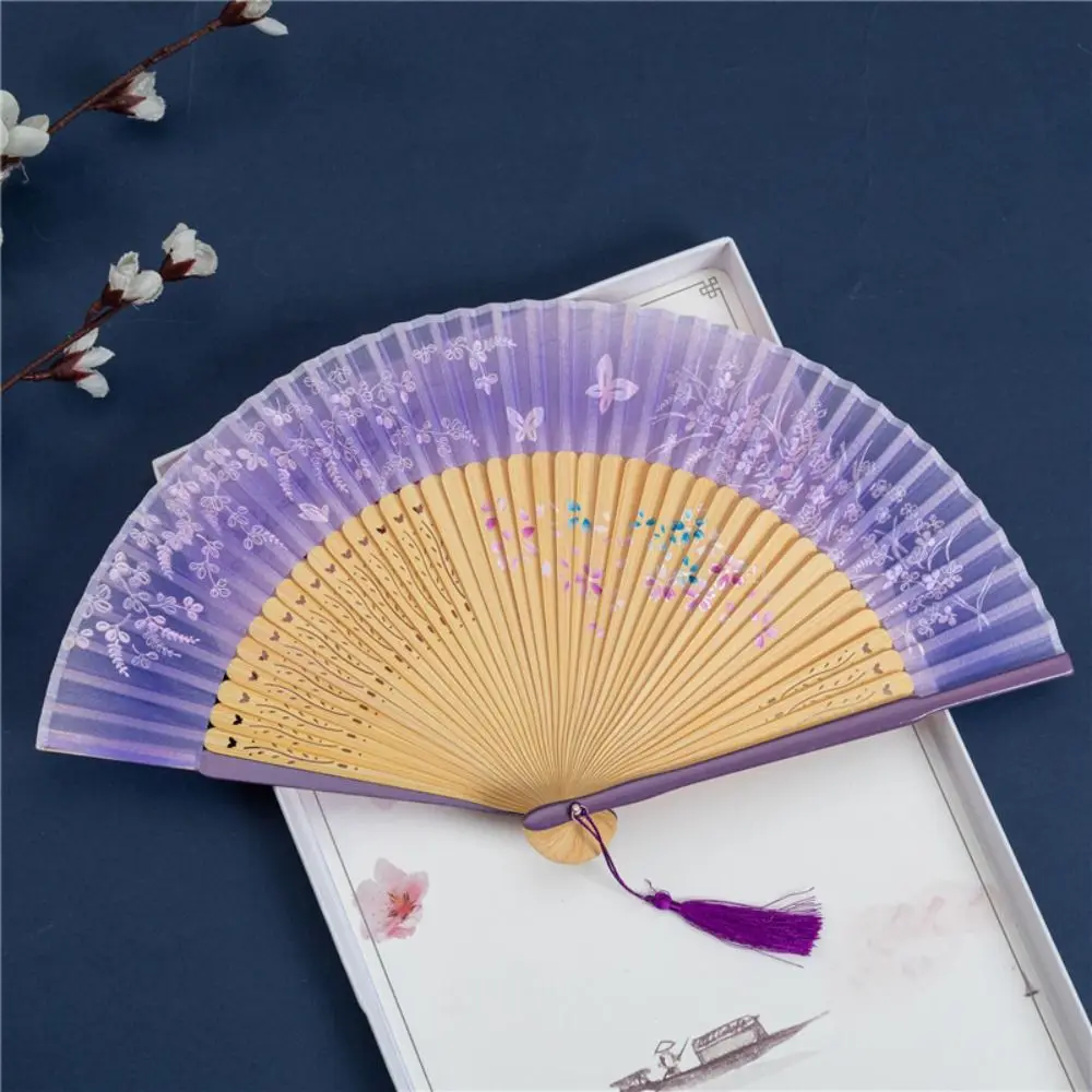 

Creative Retro Portable Folding Fan Butterfly Floral Pattern Chinese Style Handheld Fan with Tassels Bamboo Cool Fan Summer