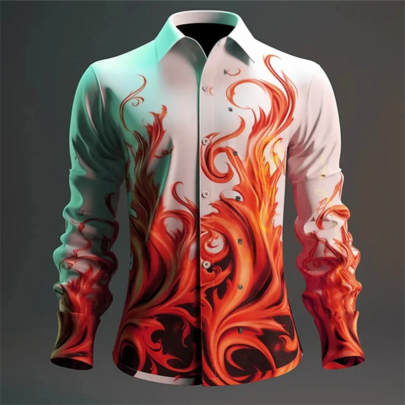 Shirts For Men 3D Flame Printed Fashion Casual Long Sleeved Shirts High Quality Men's Clothing Street Harajuku Sportswear Shirts
