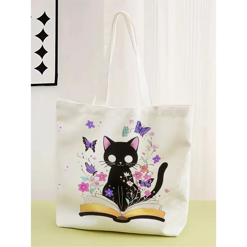 

1шт, сумка с цветочным котом, многоразовая модная сумка, многофункциональная сумка, холщовая сумка для покупок с принтом
