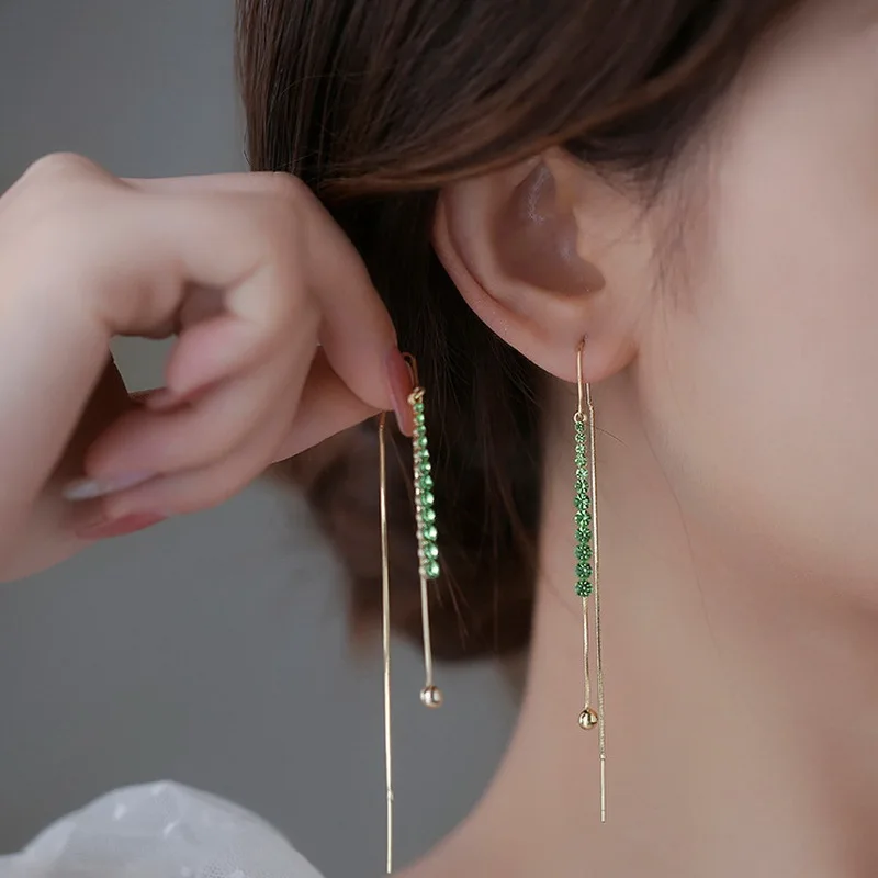 Luxury Green Zircon Long Tassel Earrings For Women Korean Fashion Shiny Butterfly Temperament Earring Girls Trendy Ear Jewelry