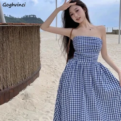 Plaid Long Women Summer Strapless Beach Style Korean Loose Slim Sexy French Retro Zipper A-line Sleeveless Hotsweet Cozy