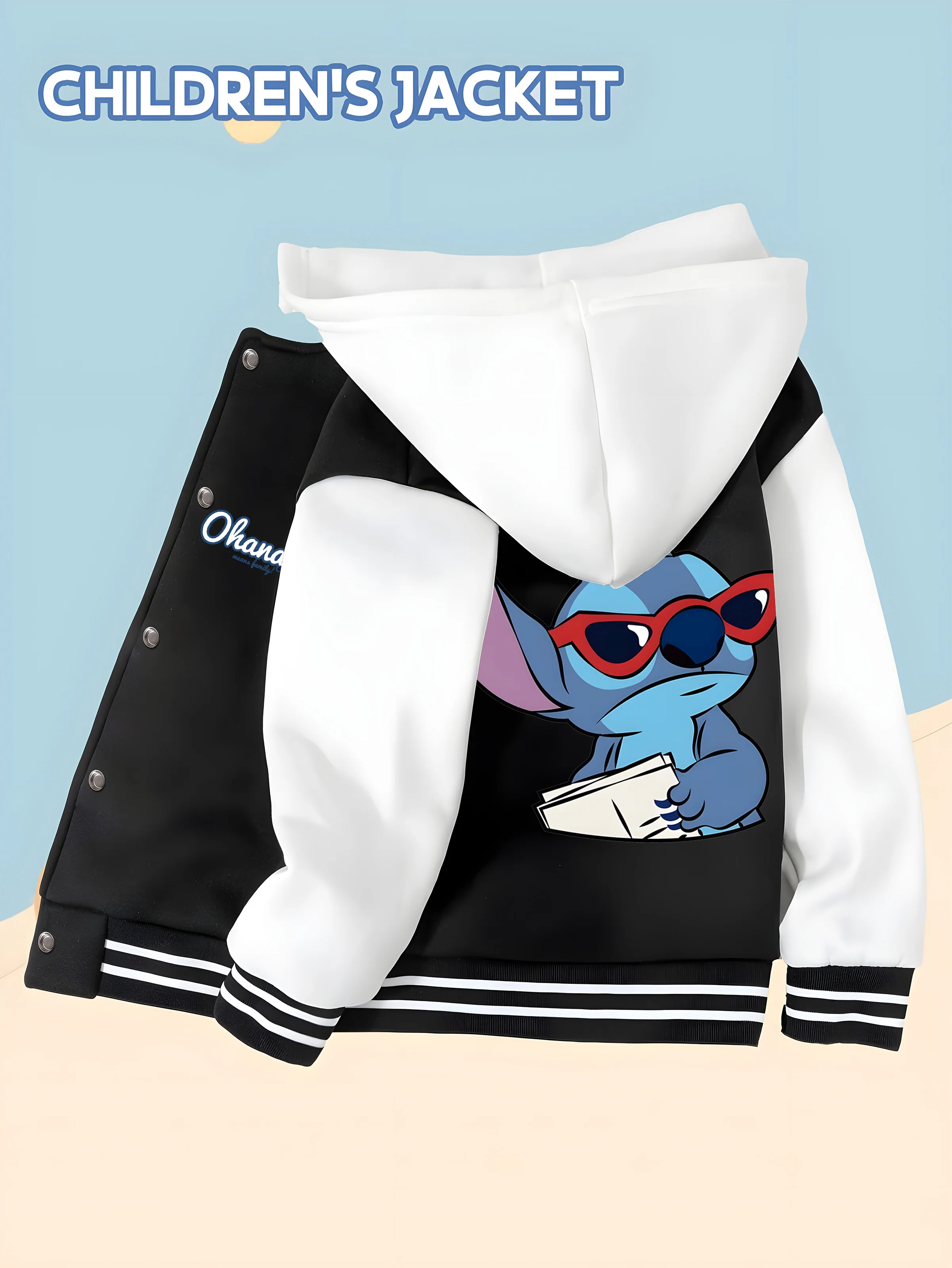 

MINISO Disney Boys' Baseball Jacket - Stitch "OHANA" Sunglasses, double-sided Stitch cool print, soft and fashionable outerwear