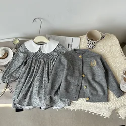 RAISE 2026 Spring Children Girl 2PCS Clothes Set Cotton Sticker Cardigans Suits Peter Pan Collar Printed Dress Baby Girl Outfit