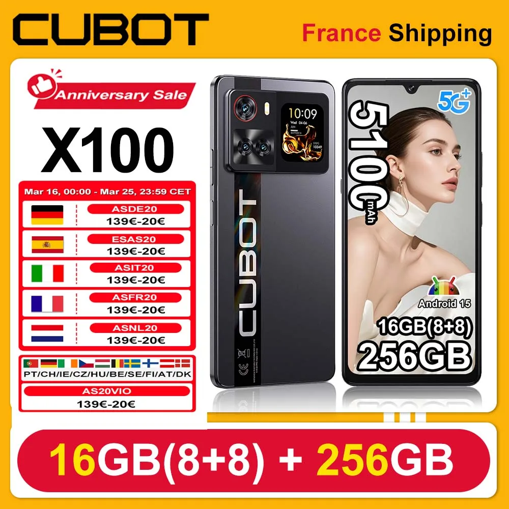 Cubot X100 Android 15 Dimensity 7025 5G Smartphone 6,88" 120Hz, 16GB(8+8) RAM 256GB ROM 64MP Caméra 5100mAh 33W NFC Téléphone portable
