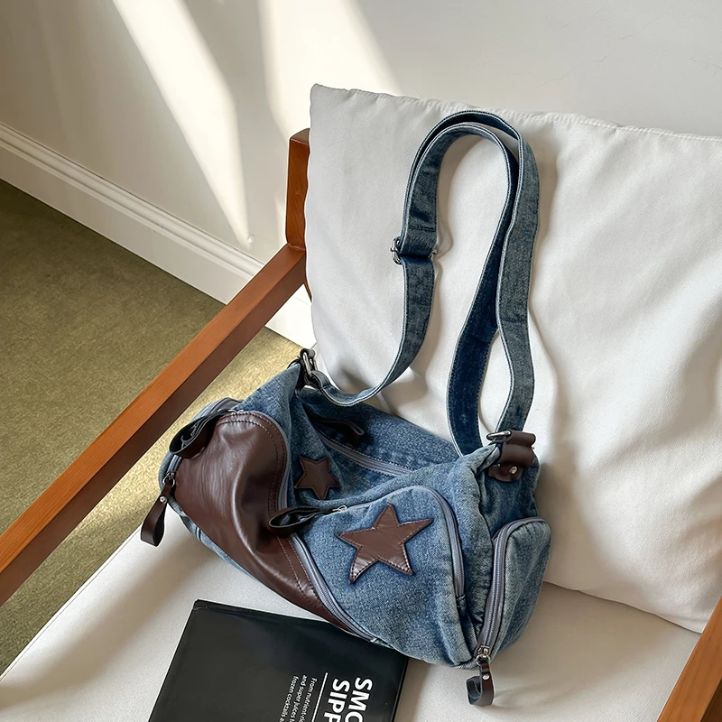 Vintage Star Patch Denim Crossbody Bag Large Capacity Washed Jean Shoulder Bag Retro PU Splicing Multi Pocket Casual Bags