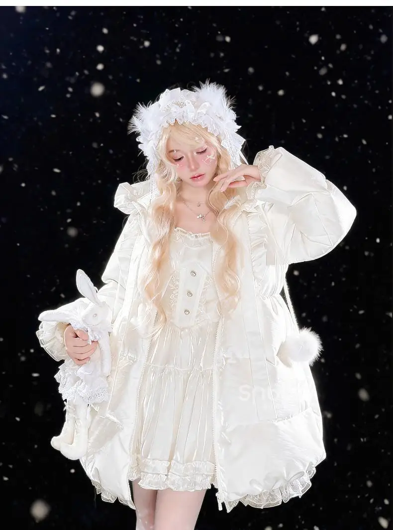 Winter Cute and Sweet Women's Hooded Down Jacket Japanese Kawaii Lace Ruffle Edge Bow Waist Lolita Coat Daily Warm Commuter Coat