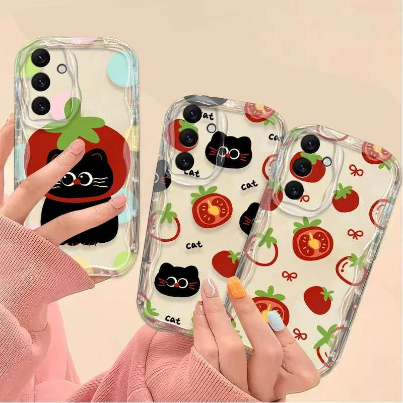 Little Black Cat Tomato Clear Wave Case For Samsung Galaxy A54 A34 A24 A14 A13 A53 A33 A73 A23 A52 A52S A32 A22 A12 A51 A71 Etui