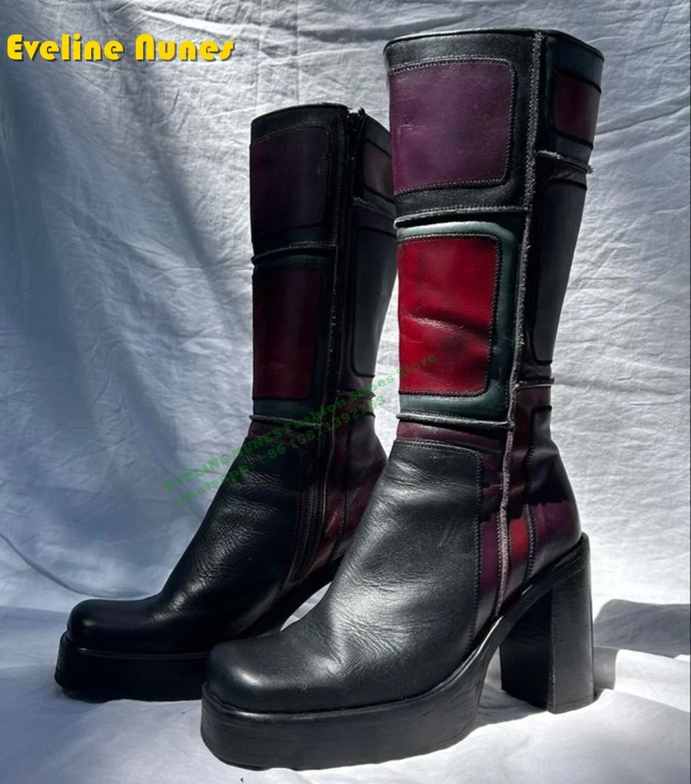 Platform Plaid Patchwork Retro Women\'s Knee High Boots Square Toe Block Heels Zipper Closure Large Size Modern Boots 2024 Winter