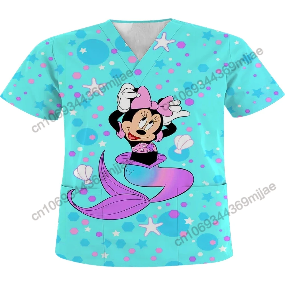 2024 Summer Fashionable Disney Cartoon Pattern Printed Casual and Comfortable Nurse Dress V-neck Double Pocket Design T-shirt