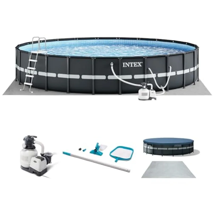 Above Ground Swimming Pool Set for residential use, steel frame with blue finish, includes sand filter pump and cleaning mainte