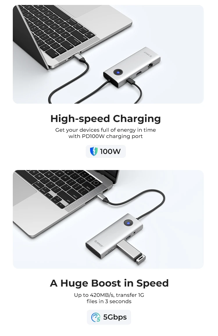 ORICO Type C Docking Station HUB to 4K60Hz HDMI-compatible USB 3.0 Adapter RJ45 PD100W Charge For Macbook Pro Laptop Accessories image 4