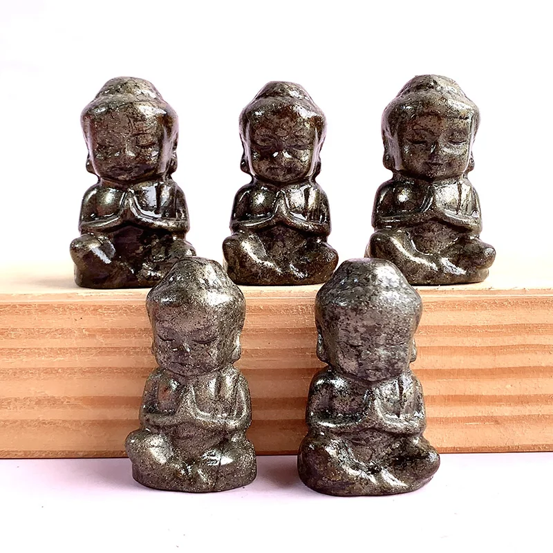 

Baby Buddha Statue Natural Pyrite, Handmade Carved Crafts, Crystal Healing Energy Gemstone, Home Decoration Gifts, Cute, 1Pc