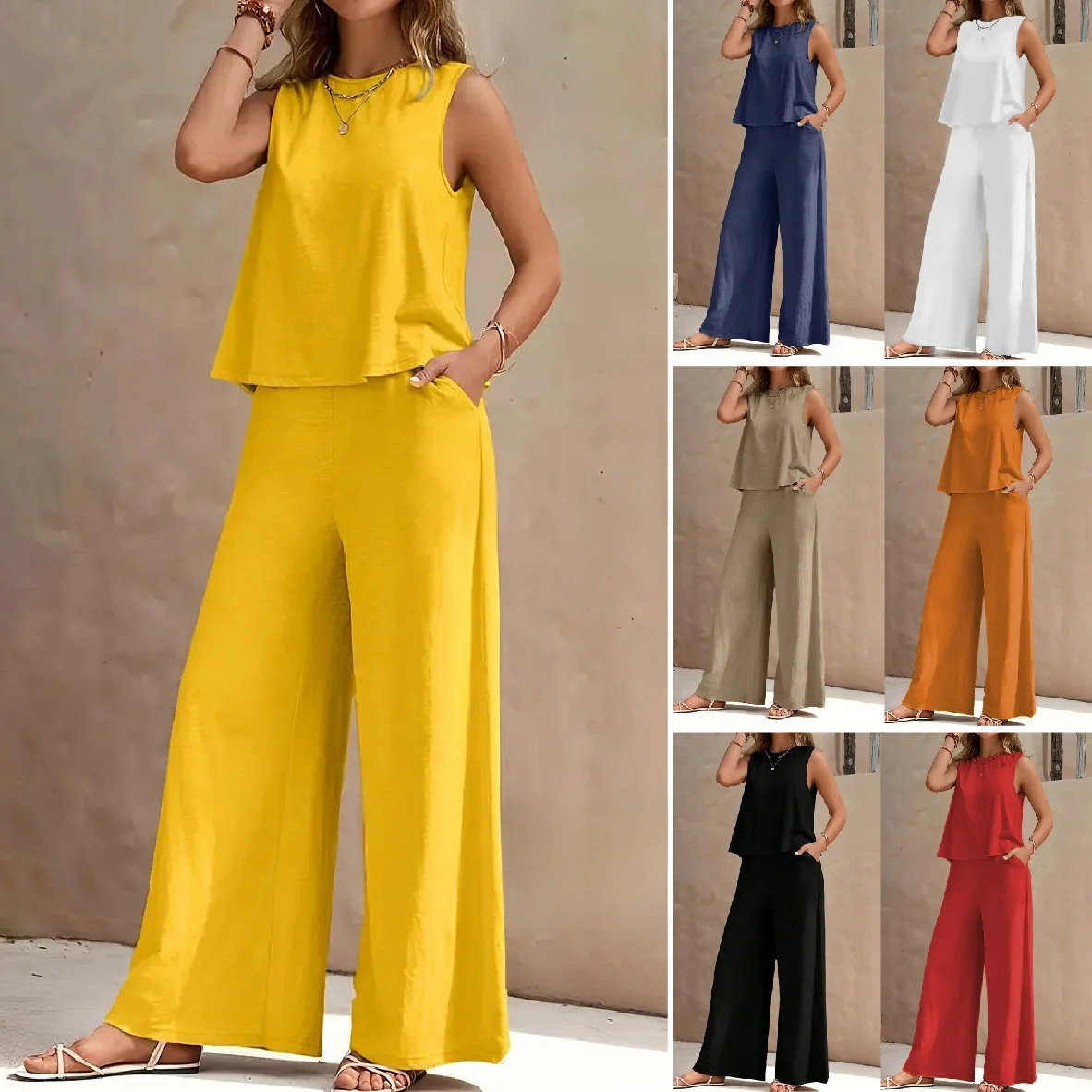 

Pure Color round Neck Vest And Wide Leg Pants Two Piece Set Casual Style Fashion Suit for Women All Seasons Wear