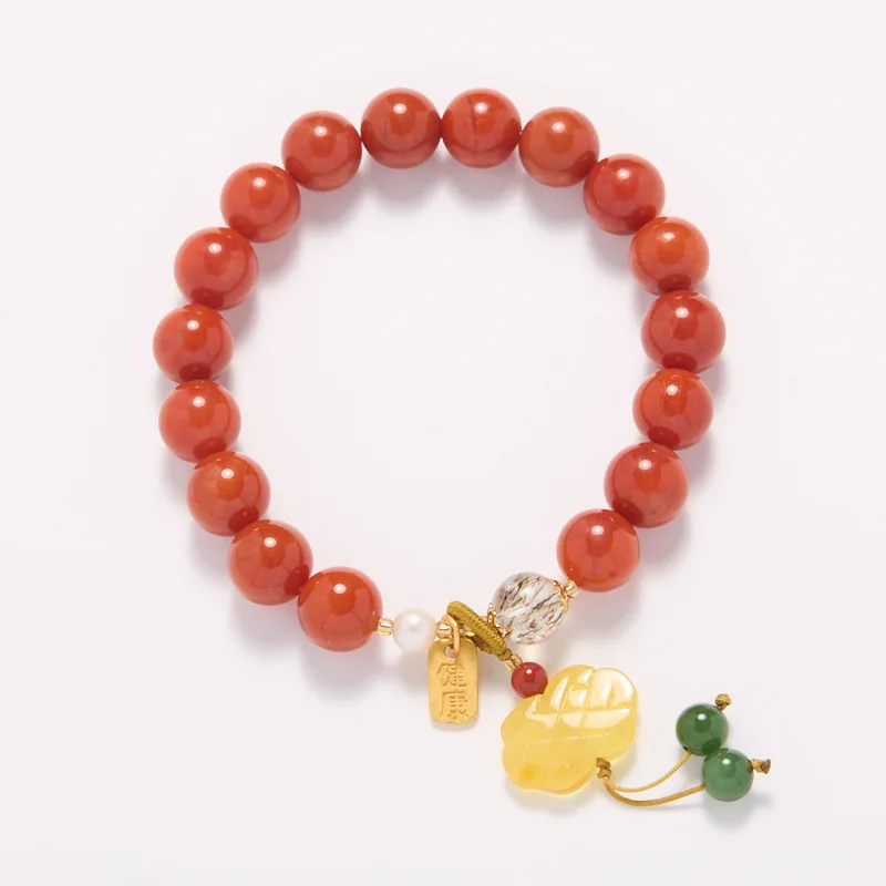 Natural 10MM Wa Xi South Red Agate Bracelet with Amber Ruyi and S925 Silver Health Tag Premium Bracelet Gifts