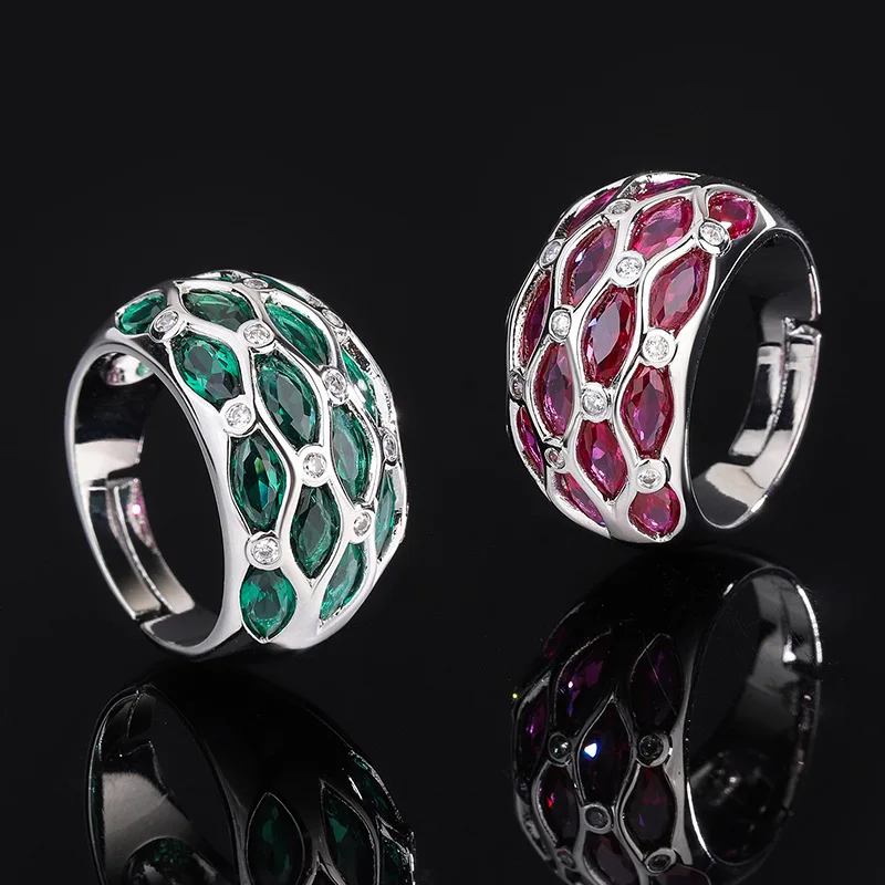 

New Zircon Ring for Women, Exaggerated Wide Band Adjustable Ring with Inlaid Gemstone, European and American Style