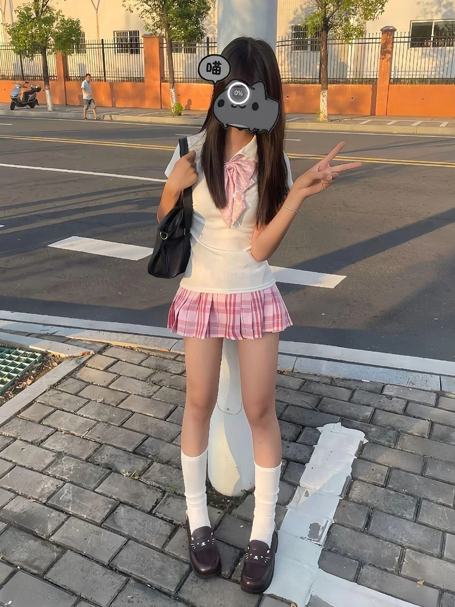 Original Candy JK Uniform  Neck T-Shirt Set Women's Slim Fit Short Sleeve Casual Outfit with Skirt Four Piece Ensemble