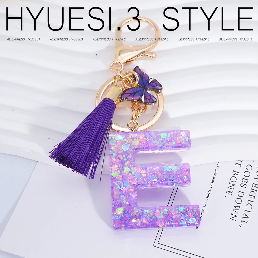 A-Z Resin Letter Keychain Purple Butterfly Tassel Initials Pendant Key Rings Purse Backpack Decoration Kid Girls Party Gifts