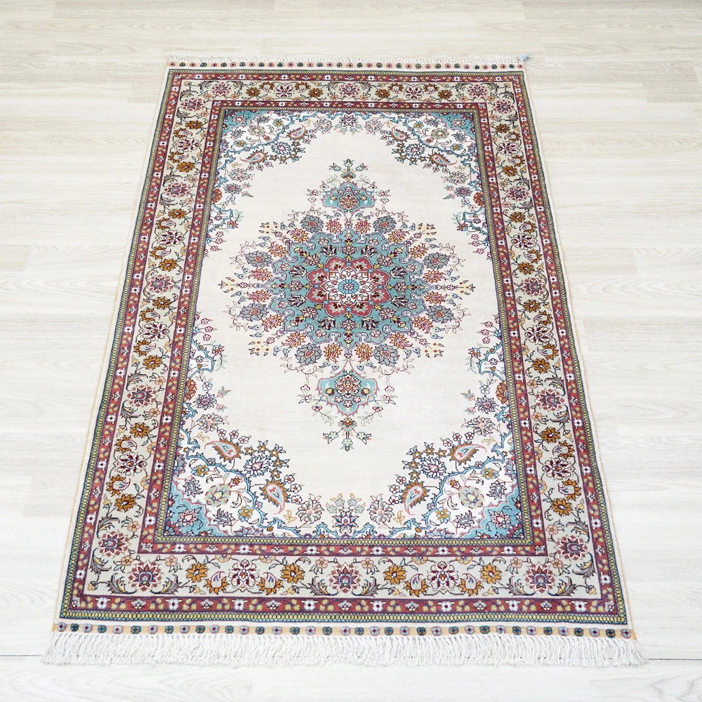 91x152cm Tabriz Silk Carpet Blue Handmade Exquisite Turkish Silk Rug