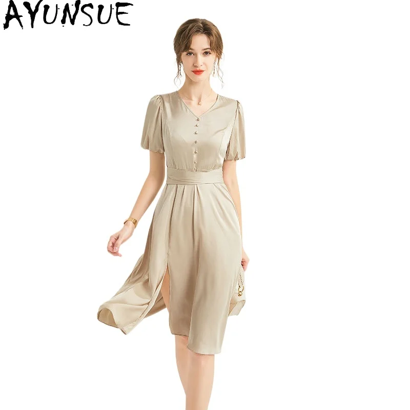 

AYUNSUE 92.3% Mulberry Silk Midi Dress Women Elegant Women's Dresses Summer Clothes Split Dress Lace-up Vestidos De Mujer 2024