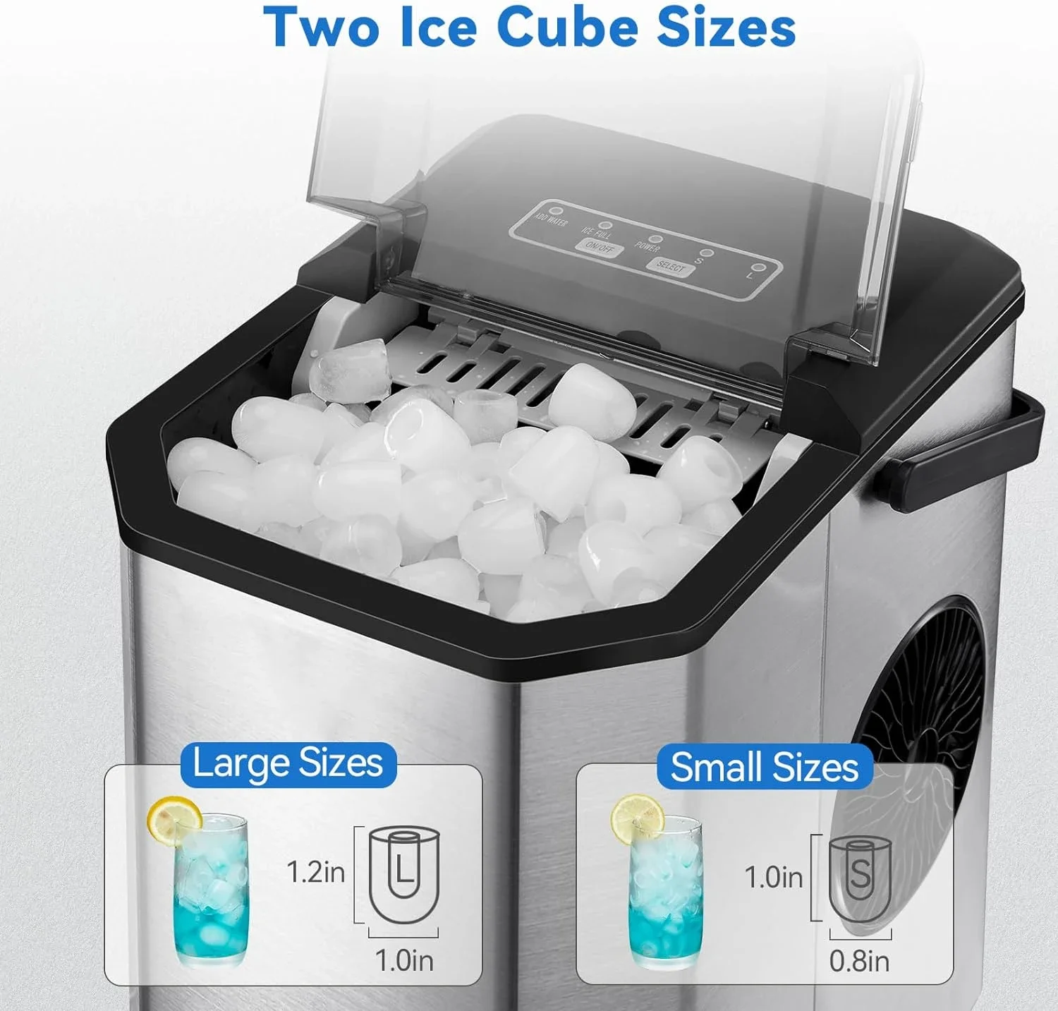 Self-Cleaning Countertop Ice Maker, Pronto em 6 Mins com Ice Scoop e Cesta, 2 Tamanho, 26 lbs, 24 Hrs, 9 Cubos