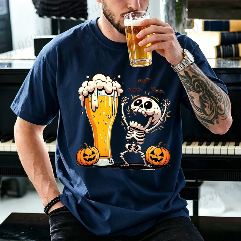 Halloween Dancing Skeleton Beer Printed Men's T-Shirts Unisex Funny Drinking Graphic Casual Tee Shirts Spooky Season Party Tops