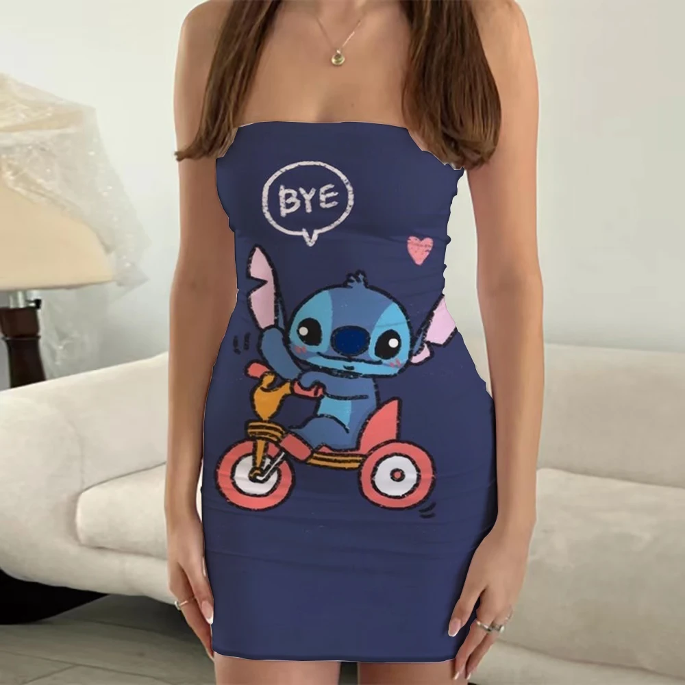 Sexy slim-fitting butt lift dress, casual and comfortable dress with Stitch cartoon pattern, one-line tube top cartoon print