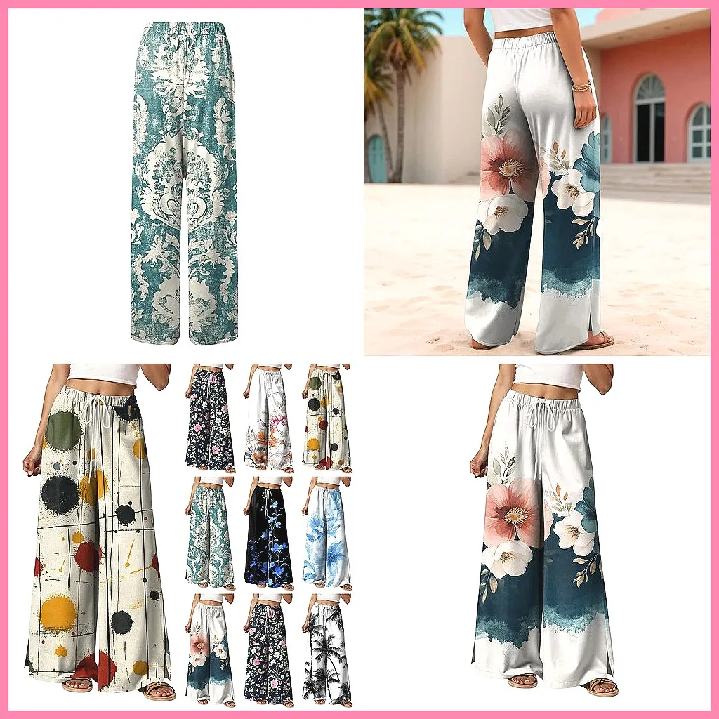 

Women's Summer Palazzo Pants High Waist Wide Leg Boho Beach Trousers Casual Loose Drawstring Vacation Outfits