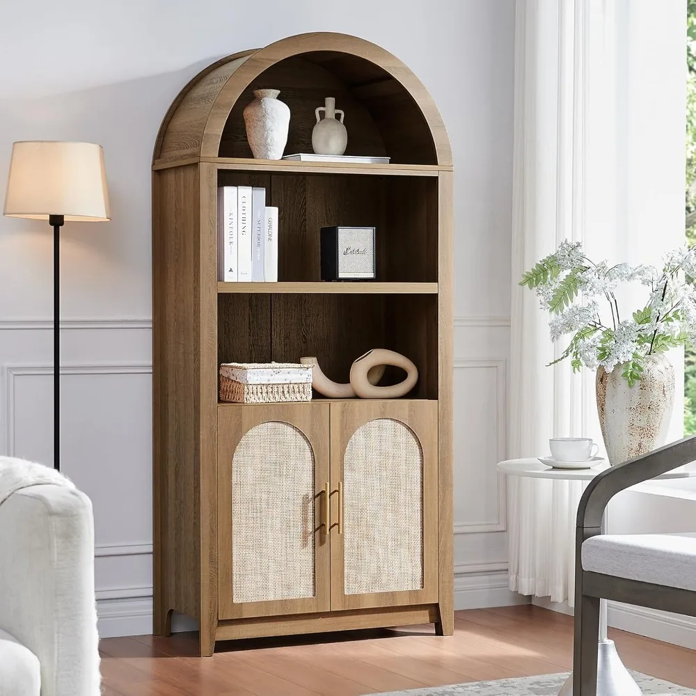 

Arched Cabinet Bookshelf Bookcase - 69.3” Tall Mid Century Arched Display Cabinet, Rounded Bookshelf with Rattan Doors