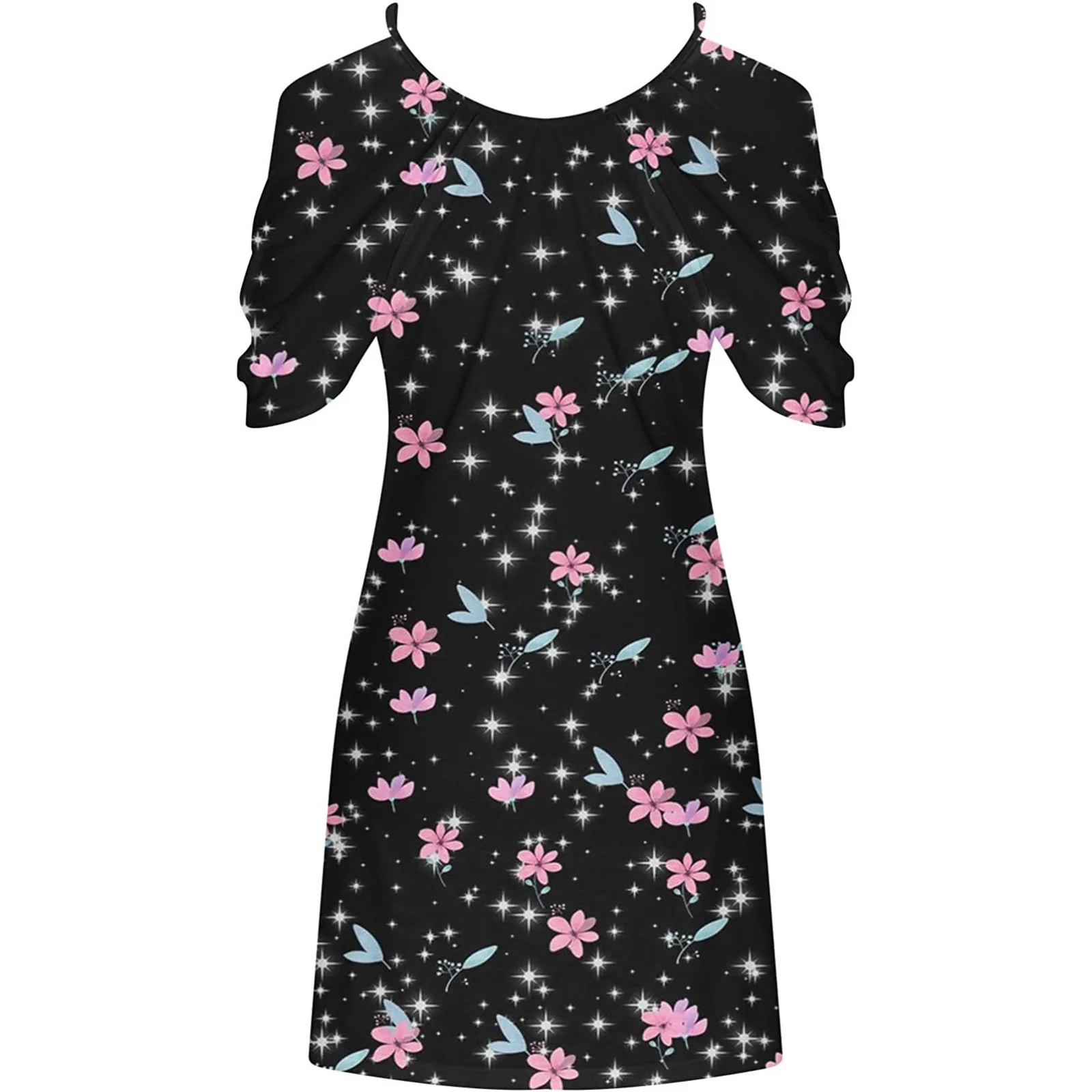 Mini robe sexy à imprimé floral pour femmes, manches courtes, col licou, col rond, décontractée, grande taille, éducatif, plage, été, 2024