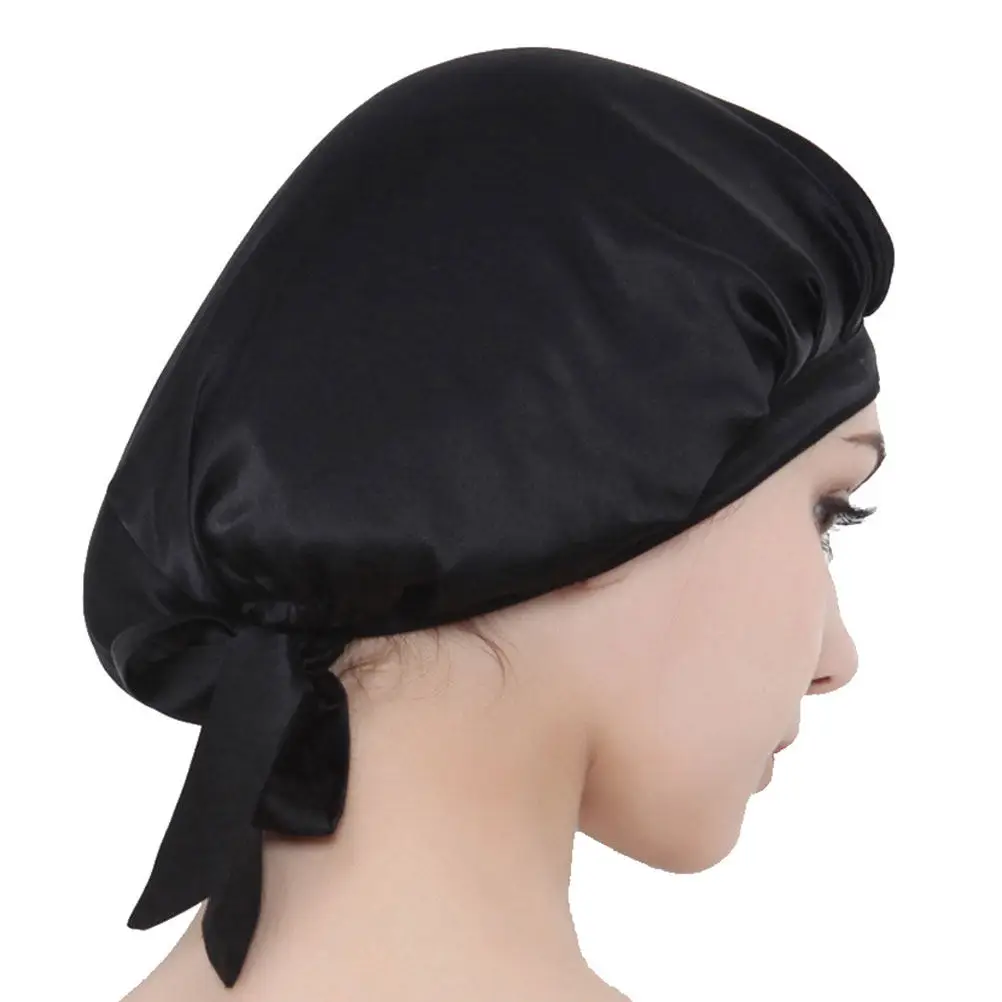 Solid Color Real Silk Sleeping Large Hair Loss Hat for Women Girls Protect Hairdo Keep Hair Neat Soft Breathable Black