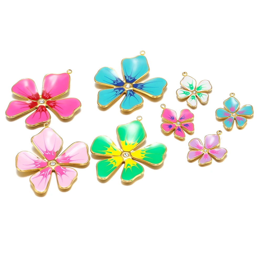 5 Stück Edelstahl-Anhänger mit weißem Zirkon und Emaille-Blumen für DIY-Schmuckherstellung, Ohrringe, Halsketten, Armbänder und Zubehör – Detail 4