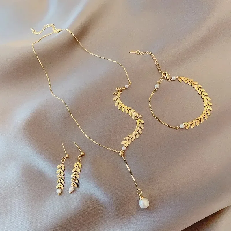 Designed Wheat Ears Necklace Bracelet Pearl Pendant Necklace Earrings Three-piece Set Women\'s Fashionable Jewelry Birthday Gifts