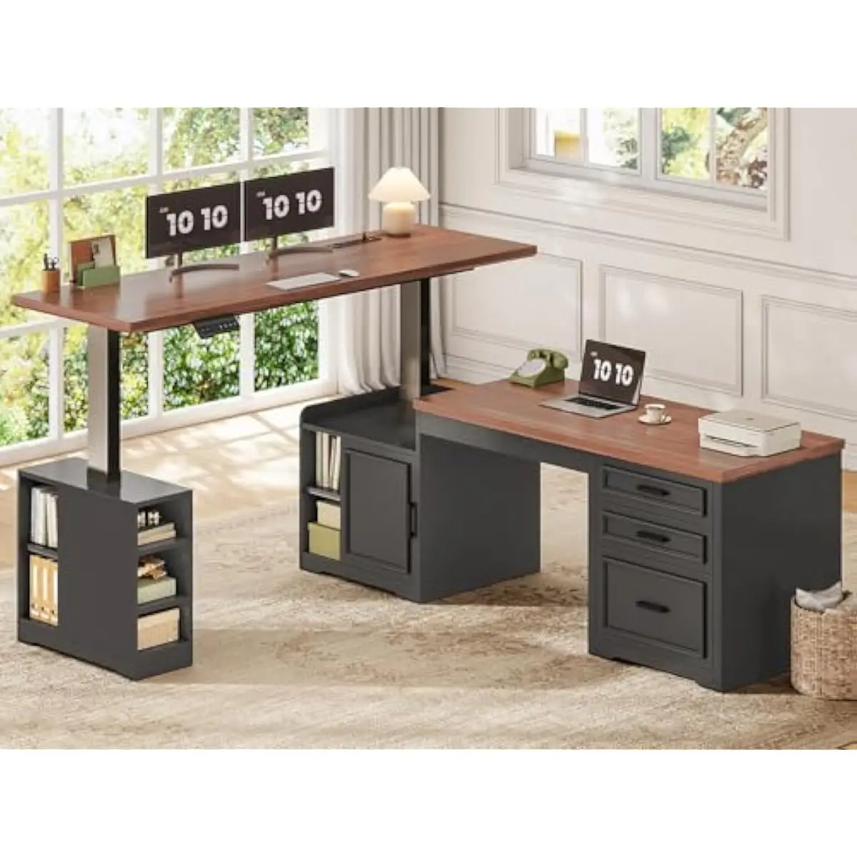 L Shaped Adjustable Electric Desk with LED Control, 67 Inch Corner Configuration or 110.3 Inch Linear Setup, Wood Top and Steel