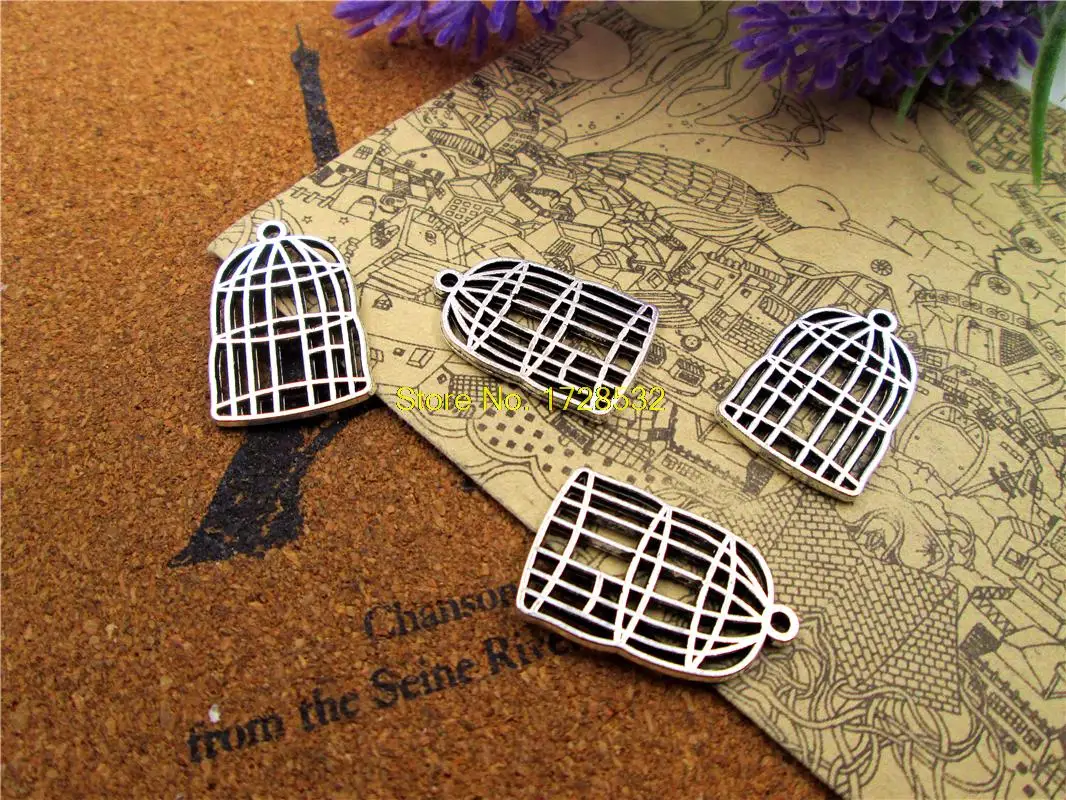 12pcs/lot  Charms Antiqued Silver Tone 2 sided bird cage charm pendants 26x16mm