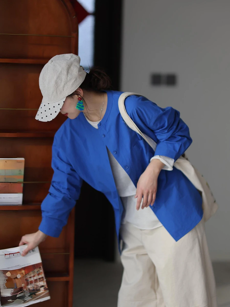 

Moadai Spring 2026 Casual Loose Commute Artistic 60-Tead Long Velvet Cotton Stand Collar Versatile irt Women's Faion